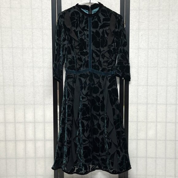 Rick Rhe Handmade Italy Silk Velvet Devore ¾ Sleeve Lined High Neck Ruffle Dress - Picture 1 of 13